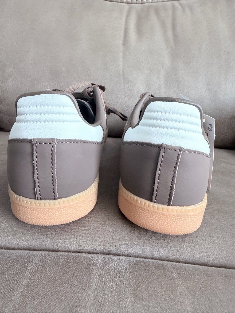 adidas Men’s Taupe Sneakers with White Stripes and Gum Sole - Picture 2 of 5